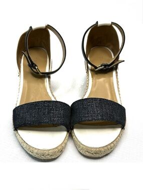 Talbots Navy White Espadrille Sandals with Ankle Strap Leather Canvas Size 6.5